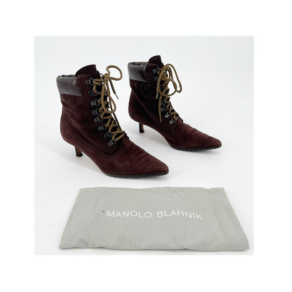 Vintage Manolo Blahnik Oklamod Brown Suede Lace Up Timberland Ankle Booties 35.5